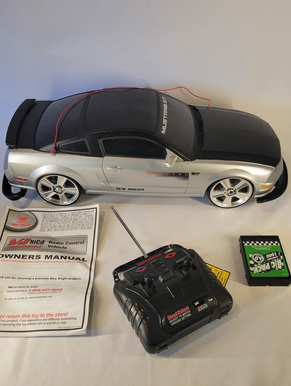 Vintage New Bright Mustang GT Radio Control Car Silver & Black 49 MHz Sett